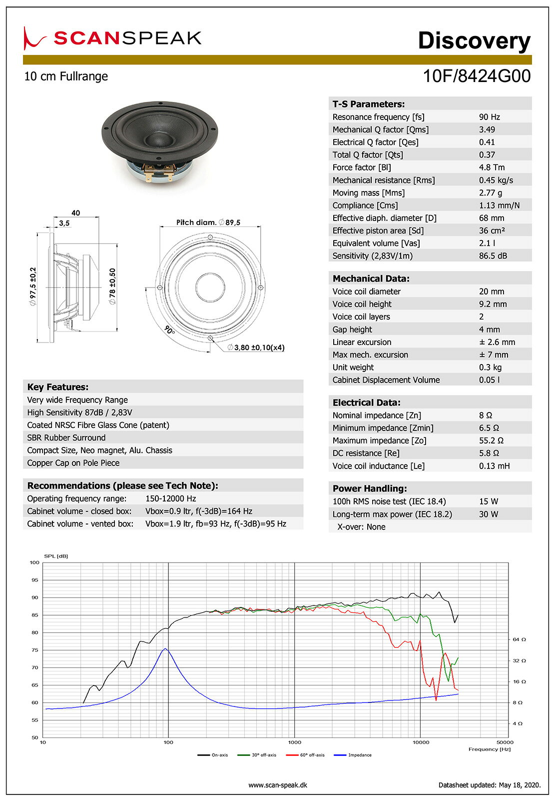 Scan-Speak Discovery 10F/8424G00 スピーカーユニット10cm フルレンジ「8Ω」（ペア）