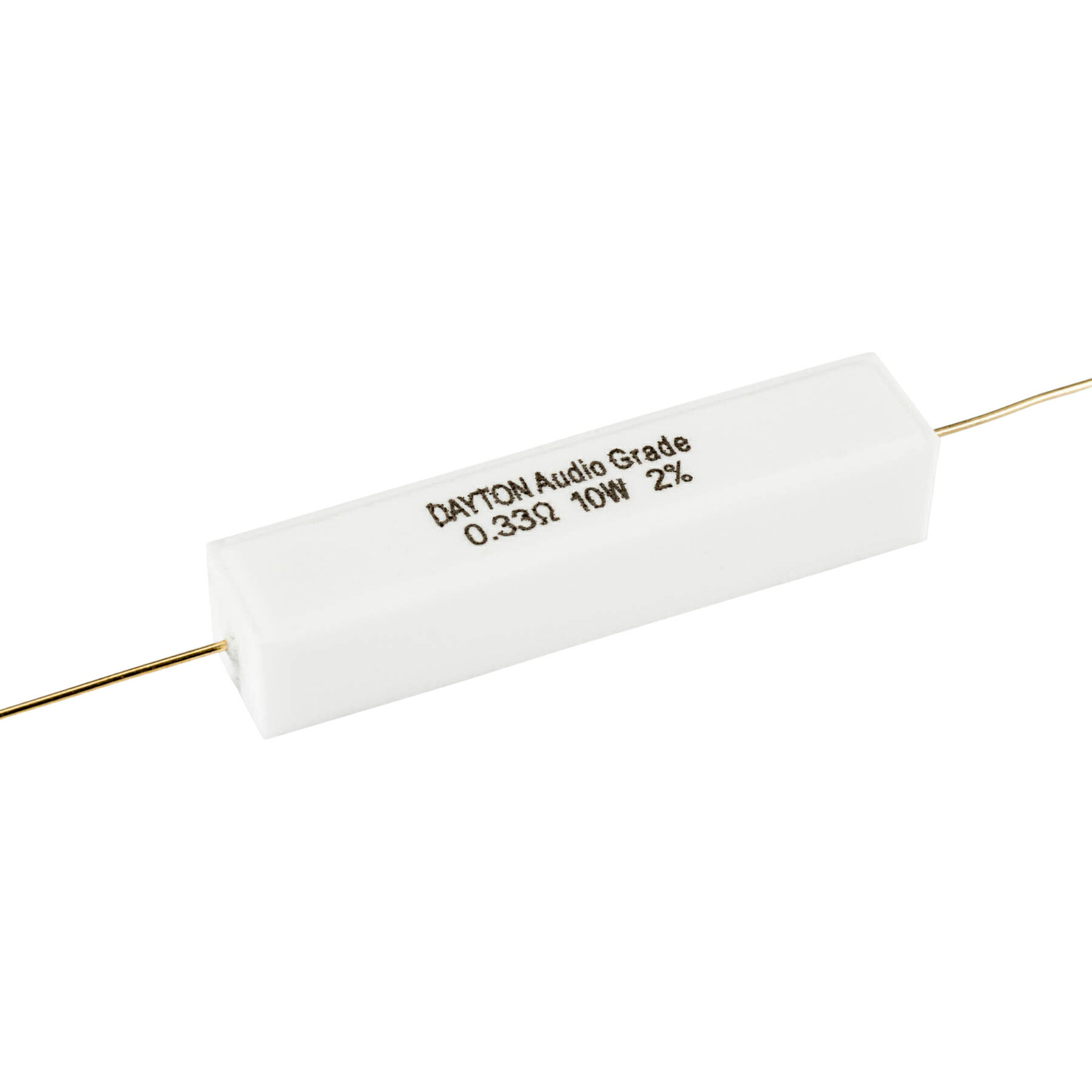 [CR11]Dayton Audio (10W) 3.3Ω（2個セット） | オーディオ用 Resistor レジスタ 抵抗器 レジスター Dayton Audioの10W セメント抵抗です！ ※表示価格は「2個セット」のお値段です。オーディオパーツでおなじみの『Dayton Audio』製のネットワーク用抵抗です。ゾーベル・ネットワークや固定式アッテネーターなどに最適な『ローノイズ・ローインダクティブ』タイプのオーディオ・グレードの抵抗です。製作誤差は、2％以下となっています。高い熱伝導率のセラミック・コアに、ニッケル・クローム抵抗体を『ローインダクティブ』巻き線構造として、 +/-2%の製作誤差をクリアーすると共に、金メッキされたOFCリード線を採用することによって、ローノイズ性能を高めています。あなたのスピーカー製作に、是非、ご利用ください。【主な仕様】■耐圧：10W■精度：+/-2%■構造：ローインダクティブ・巻線抵抗■材質：ニッケルクローム抵抗体、金メッキOFCリード線■寸法(mm)：48(長さ)x10(幅)x10(高さ)■重量：約20g【取扱いラインナップ】（30種類） 0.33Ω、0.51Ω、0.82Ω、1.0Ω、1.2Ω、1.5Ω2.0Ω、2.4Ω、2.7Ω、3.0Ω、3.3Ω、3.7Ω4.0Ω、4.3Ω、4.7Ω、5.1Ω、5.6Ω、6.0Ω6.5Ω、7.0Ω、7.5Ω、8.0Ω、9.1Ω、10.0Ω12.5Ω、16.0Ω、20.0Ω、25.0Ω、30.0Ω、40.0Ω 5