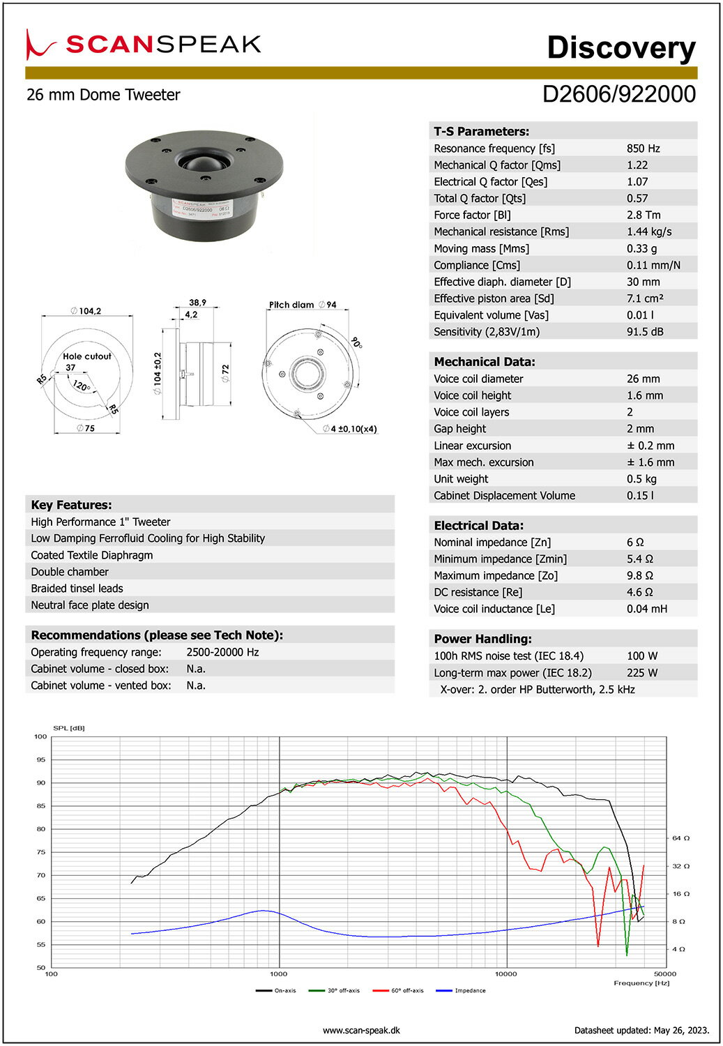 Scan-Speak Discovery D2606/922000 ���ԡ�������˥å� 1�������25mm�� ���եȥɡ��� �ĥ������� ���֥�����С���6���סʥڥ���