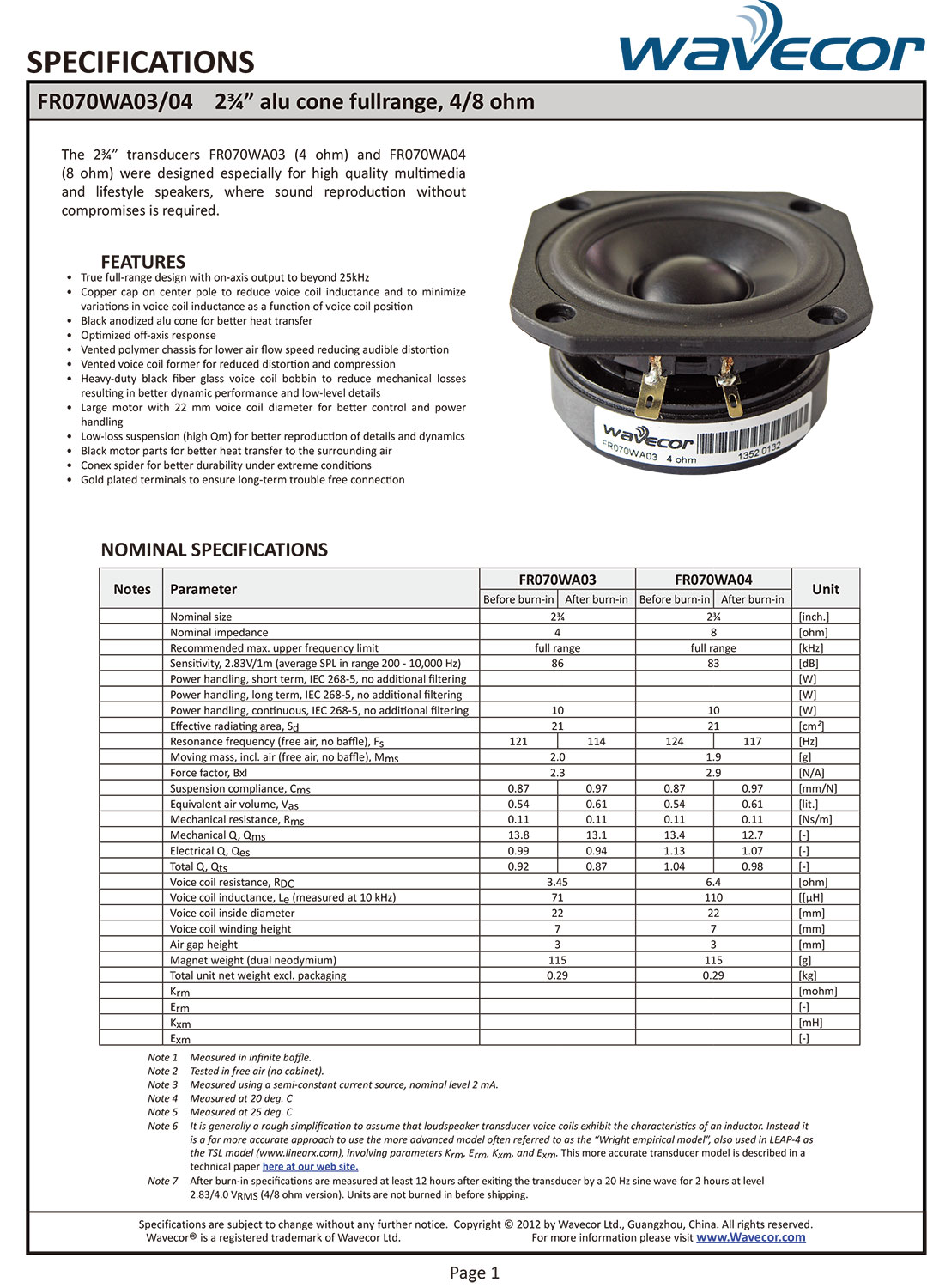 (ペア販売)Wavecor FR070WA04 スピーカーユニット 7cm フルレンジ（フェライト）8Ω...