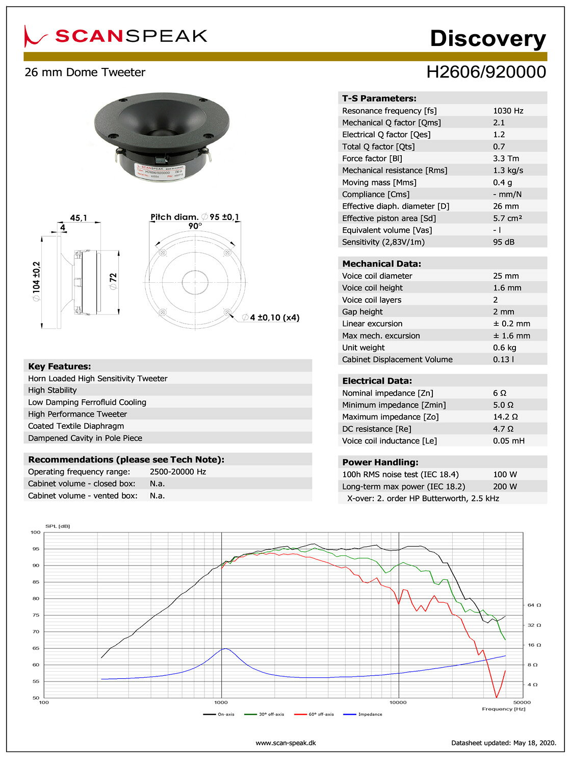 Scan-Speak Discovery H2606/920000 ���ԡ�������˥å� 26mm �ۡ���ĥ���������6���סʥڥ���