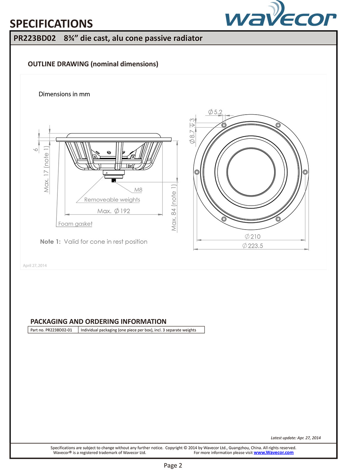 Wavecor PR223BD02 ���ԡ�������˥å� 22.3cm ����ߥ����� �ѥå��֥饸��������