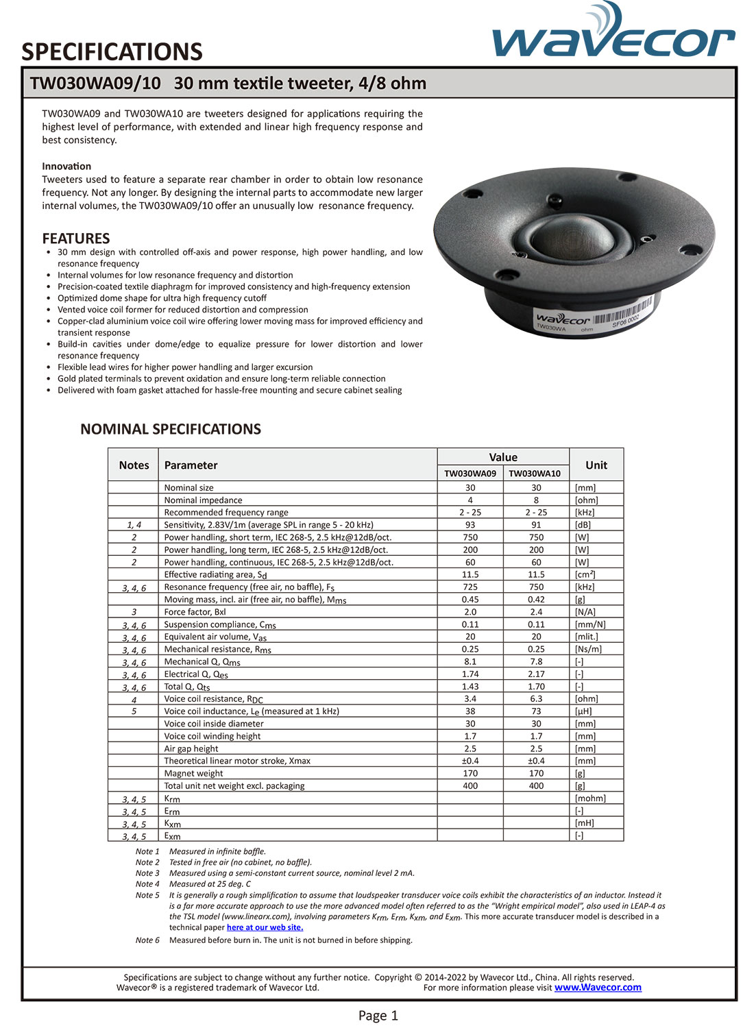 横浜ベイサイドネット楽天市場店のWavecor TW030WA09 スピーカーユニット 30mm ソフトドームツィーター「4Ω」｜アングル2