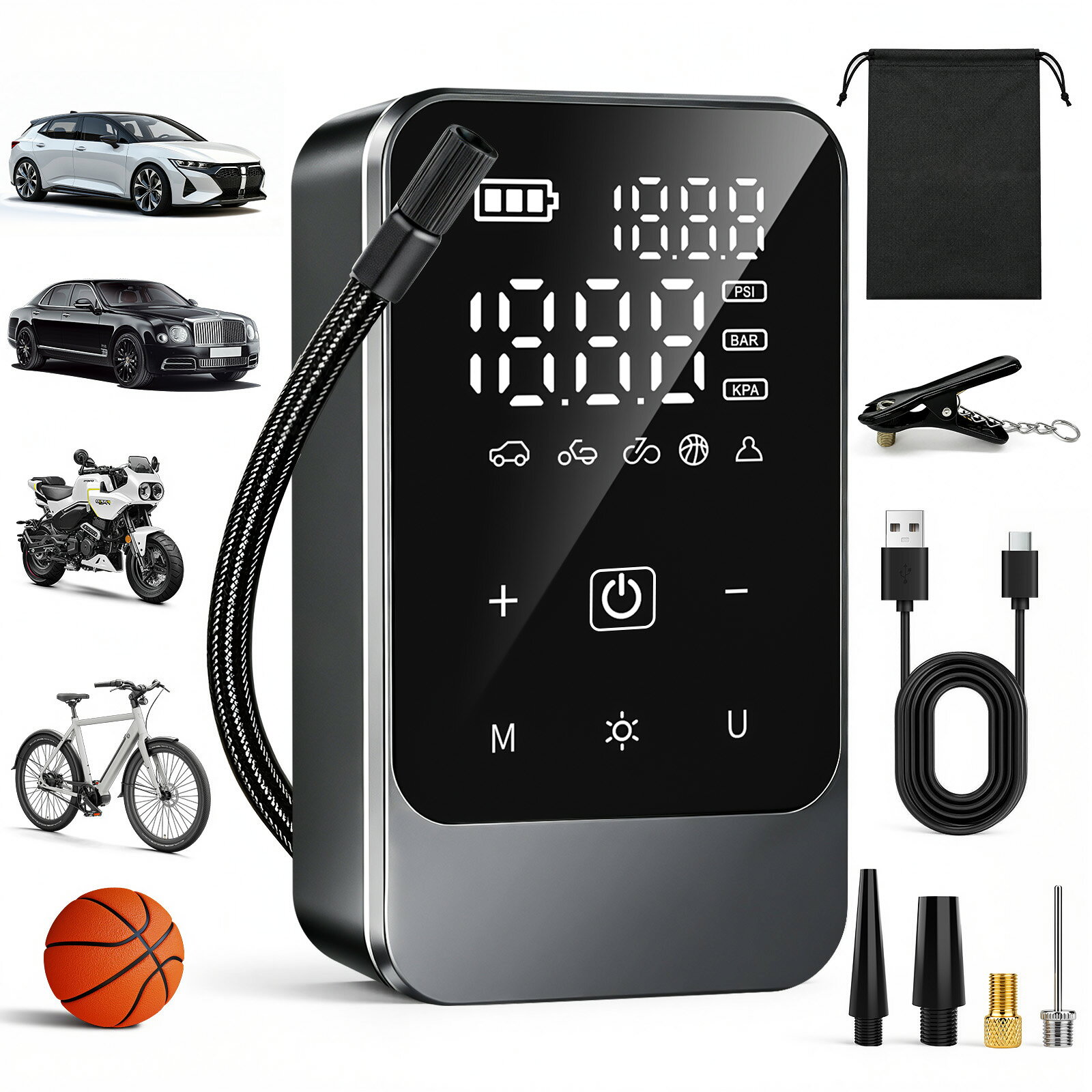 電動空気入れ【新品COUPONで2780円・楽天1位】空気入れ 自転車 自動車 バイク タイヤ 浮き輪 ボール 車 電動エアポンプ 充電式 仏式 米式 英式 フランス式 コンパクト タイヤエアーポンプ 空気圧指定 単位変換 LEDライト 液晶ディスプレイ 最大150PSI 自動停止 携帯小型 軽量