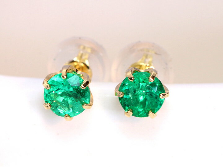 人気高し！艶やかで爽やかなエメラルド・ラウンドカット 6本爪デザインの一粒K18ピアス（各種地金・金具対応可）受注品/Ycollectionワイコレクション/送料無料