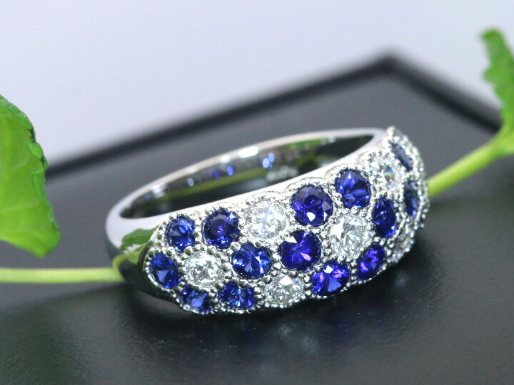 ◆18％OFFクーポン対象！◆サファイヤ＆ダイヤモンド コントラストが美しいパヴェ どちらも上質で眩しい輝き PT900プラチナリング/指輪 受注品/送料無料