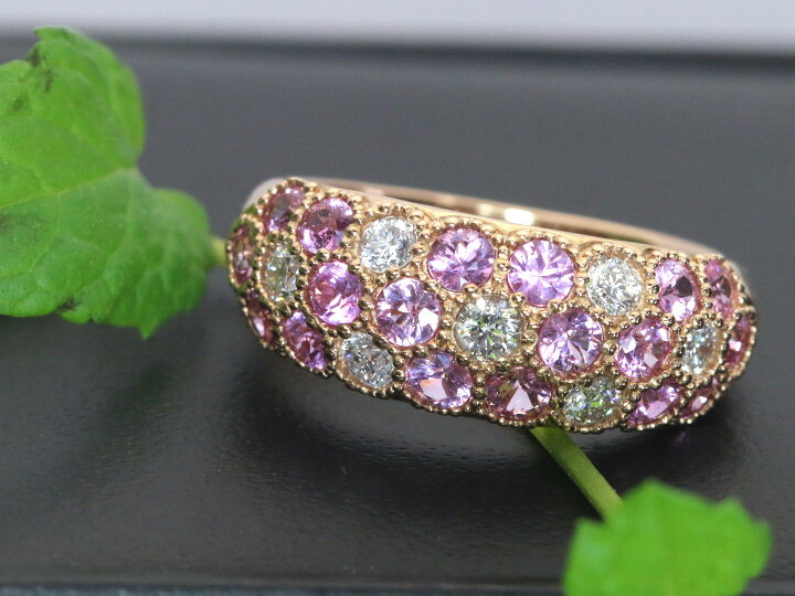 ◆18％OFFクーポン対象！◆ピンクサファイヤ＆ダイヤモンド コントラストが美しいパヴェ どちらも上質で眩しい輝き K18PGピンクゴールドリング/指輪 受注品/送料無料