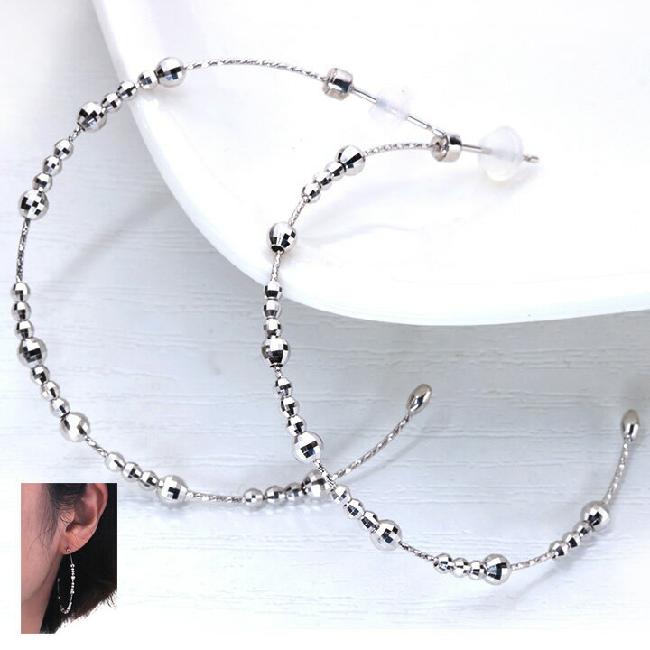 K18WGホワイトゴールド 地金 ピアス 形状記憶ワイヤー 直径約4センチのフープ 受注品 /送料無料