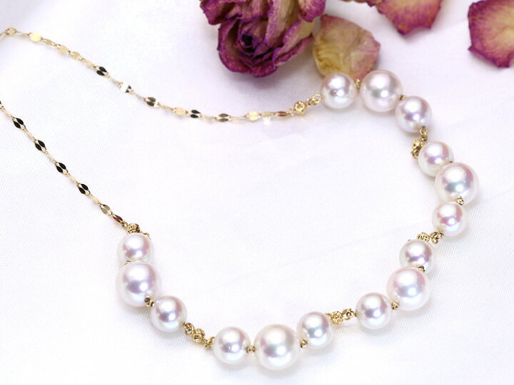 大小のアコヤ真珠が作り出すフリル♪K18ネックレス ステーションタイプ 花珠級の光沢あり！（各地金素材対応可能）受注品/送料無料