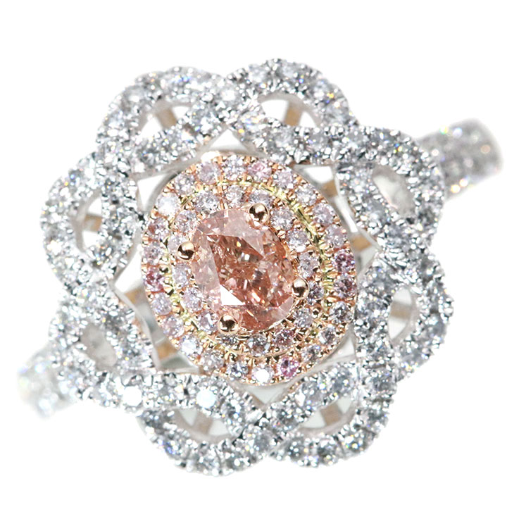 ピンクダイヤモンド 0.324カラット FANCY ORANGY PINK SI2 取り巻きダイヤモンド 0.55カラット PT900/K18PG プラチナ900・ピンクゴールド リング・指輪 大粒 美しい色と光彩 華やか 1点もの