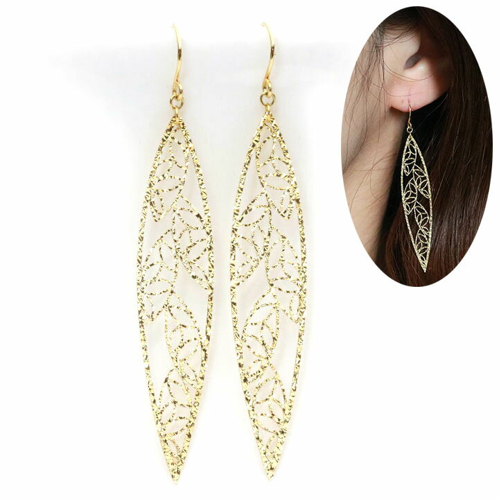 Cubic Zirconia - ◆20％OFFクーポン対象◆K18YG イエローゴールド ピアス 縦ライン レース 透かし模様 フック式 受注品 /送料無料
