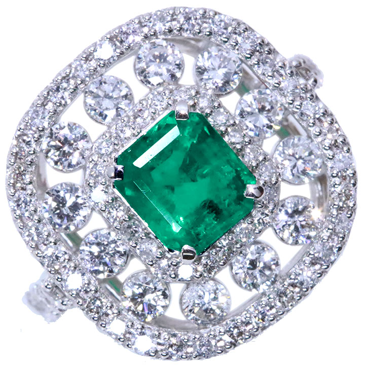 エメラルド 1.152カラット ダイヤモンド 1.65カラット PT950 プラチナ950 リング・指輪 大粒 上質の緑 ダイヤ取り巻き 1点もの /Ycollectionワイコレクション/送料無料