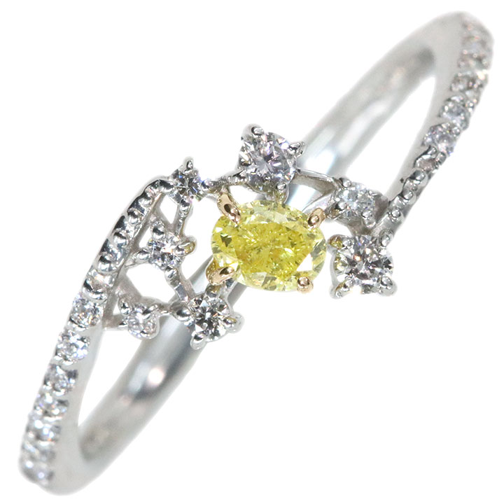 【5/18～P10倍!!】イエローダイヤモンド 0.195ct FANCY INTENSE YELLOW　I1 ハート＆キューピット H＆C ダイヤモンド 0.15カラット PT950/K18YGリング・指輪 鮮烈なイエロー 繊細なライン 1点もの