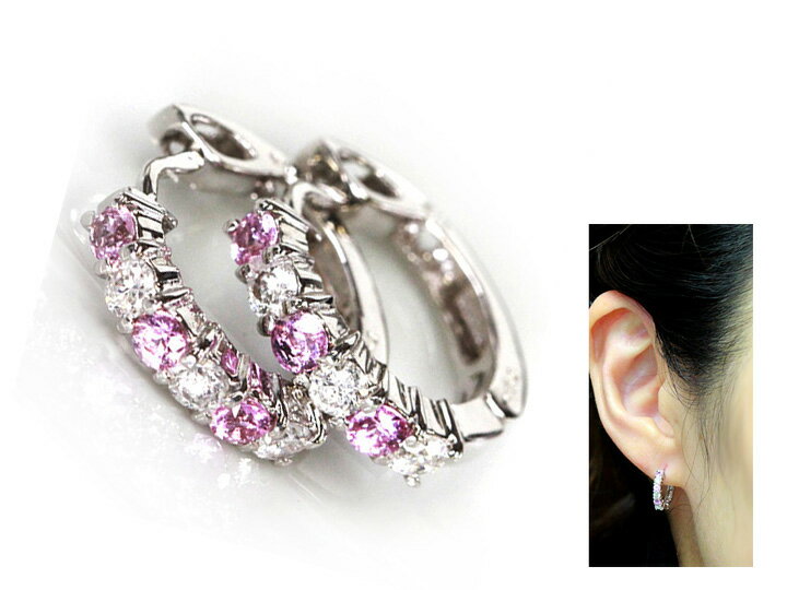 ピンクサファイヤ×ダイヤモンドの程よき大きさのフープピアスK18WG プチリッチ 1点もの/Ycollectionワイコレクション/送料無料