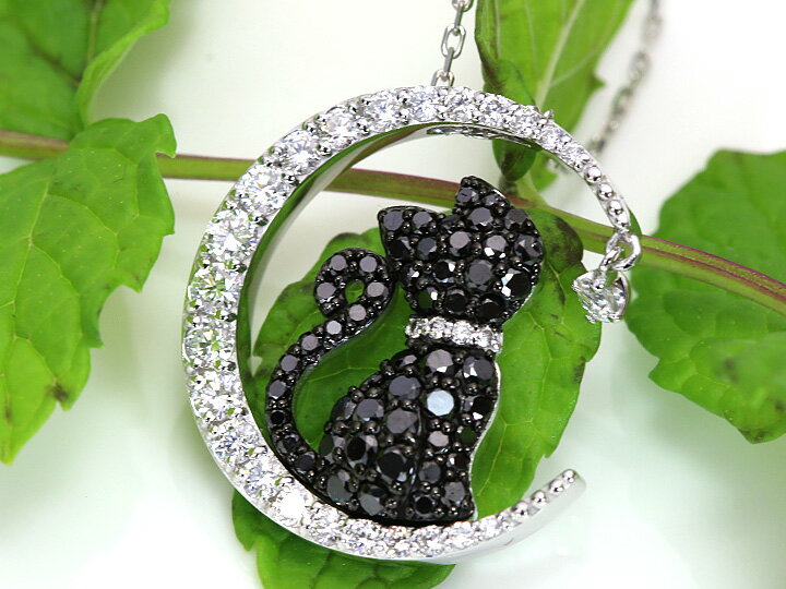 【＼価格交渉受付中！／】ブラックダイヤモンドパヴェが煌く黒猫ちゃん ダイヤが並ぶ月（ムーン）の上で愛らしい後ろ姿を見せるK18WGネックレス （各地金素材対応可能）受注品/