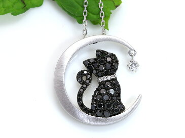 ★21%OFF・スーパーセール限定 154000円から121660円に!★ブラックダイヤモンドパヴェが煌く黒猫ちゃん 月(ムーン)の上で愛らしい後ろ姿を見せるK18WGネックレス (各地金素材対応可能)受注品/Ycollectionワイコレクション/送料無料