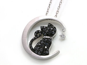 ★21%OFF・スーパーセール限定 154000円から121660円に!★ブラックダイヤモンドパヴェが煌く黒猫ちゃん 月(ムーン)の上で愛らしい後ろ姿を見せるK18WGネックレス (各地金素材対応可能)受注品/Ycollectionワイコレクション/送料無料