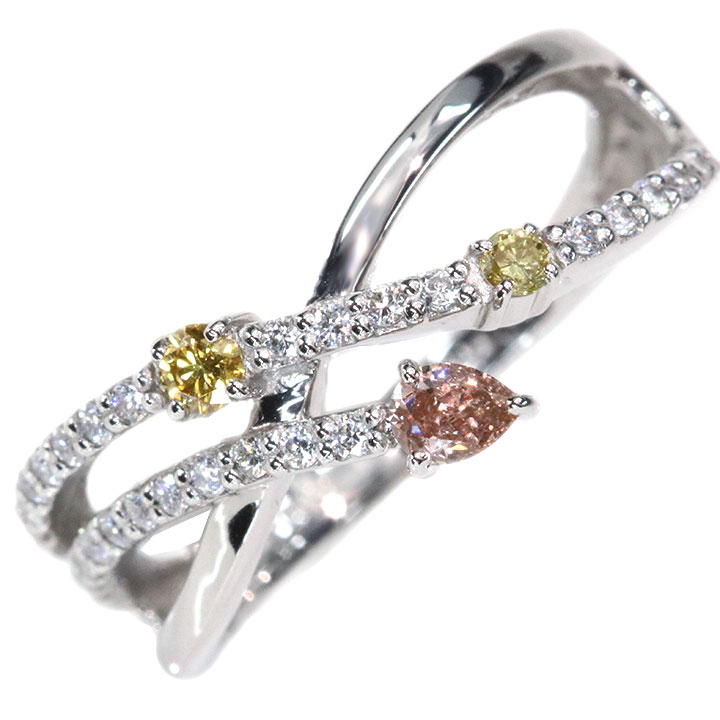 【只今、P10倍!!】ピンクダイヤモンド 0.098ct FANCY INTENSE PINK SI1＆イエローダイヤモンド 0.051ct FANCY VIVID ORANGY YELLOW SI2＆ピンクダイヤモンド0.027ct PT950 プラチナ950 リング・指輪 Wカラーダイヤ 1点もの