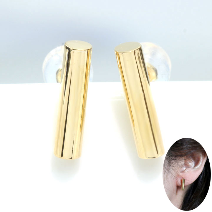 ◆20％OFFクーポン対象！マラソン限定◆K18YG イエローゴールド ピアス 縦ライン 鏡面の円柱 軽やか 貴金属地金 受注品 /Ycollectionワイコレクション/送料無料