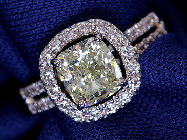 2ct 大粒ダイヤモンド 2.017ct VERY LIGHT YELLOW SI1 クッションカットの大粒ダイヤからあふれるファイヤに感動！PT900リング指輪 ソーティング付き 1点もの/Ycollectionワイコレクション/送料無料