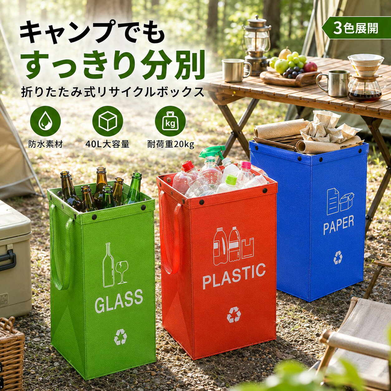 分別ゴミ箱 大容量40L 3分別 リサイクルボックス 折りたたみ式 資源ごみ 分別収納 ゴミ袋スタンド PP素材 防水 防汚 丈夫 軽量 持ち運び便利 キッチン 屋外 キャンプ アウトドア BBQ レジャー用 1個 2個 3個 選べるカラー