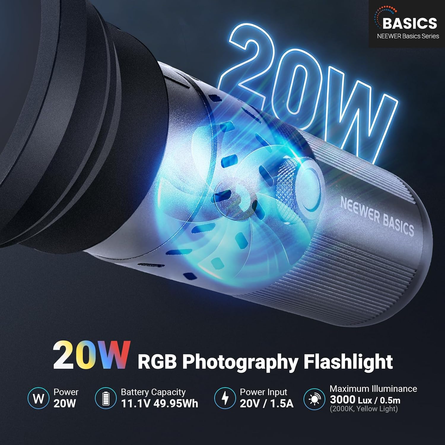 NEEWER FL20 BASICS RGB 撮影用フラッシュライト 写真用懐中電灯 20W 4色/20枚ゴボ...