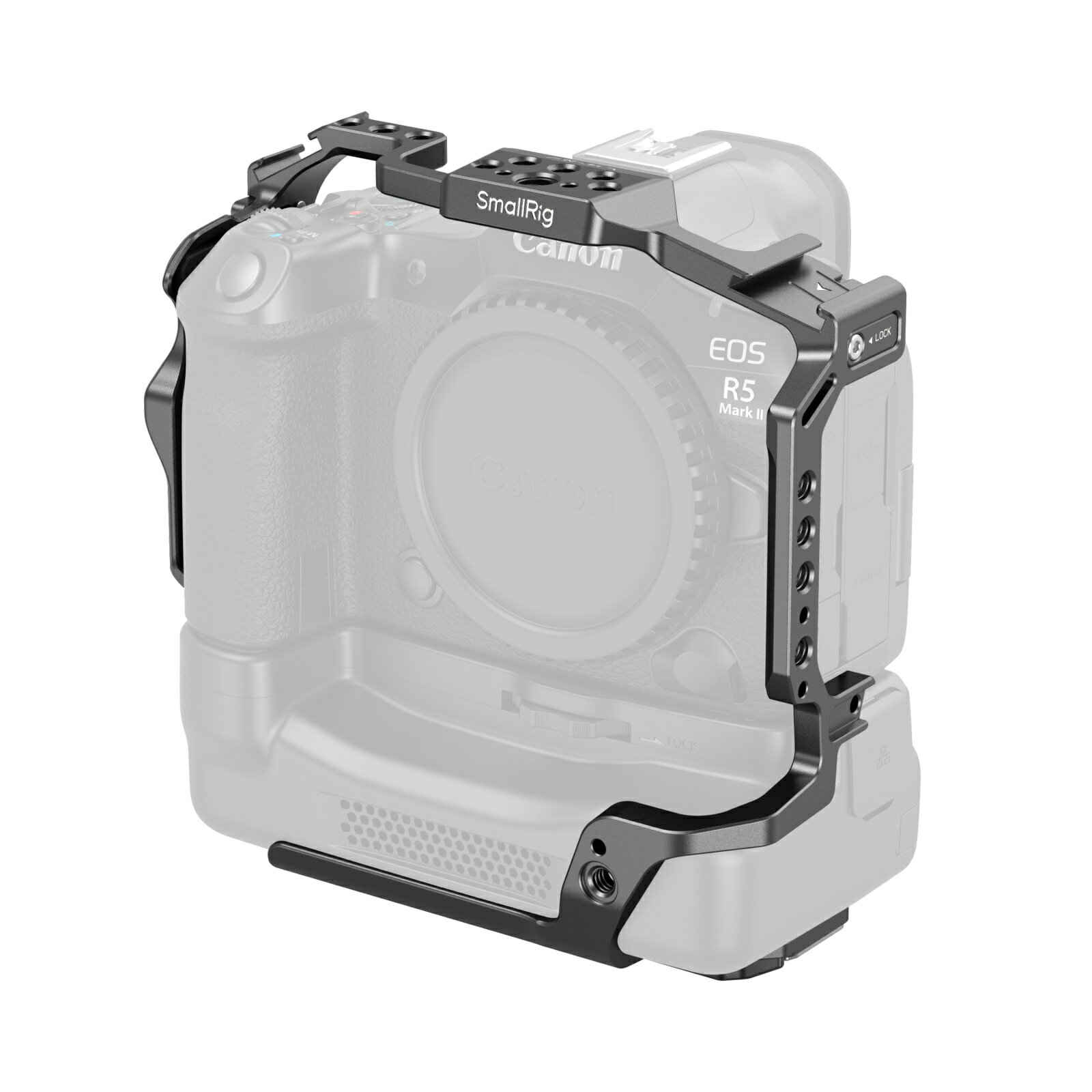 主な特長複数の 1/4"-20 および 3/8"-16 ネジ穴と ARRI 位置決め穴を装備しており、スムーズなカメラ移動のためのトップハンドル （ID 4757、3765）、サイドハンドル （ID 4015、4346）、モニターマウント （ID 2903B、2904B）、マジックアーム （ID 3873） など、さまざまなアクセサリに対応しています。3 つのコールドシューマウントにより、マイク （ID 3487） と LED ライト （ID 4660） を取り付けることができます。ベースプレートにはアルカスイスクイックリリースが組み込まれています DJI RS 2、RSC 2、RS 3、RS 3 Pro、RS 4、RS 4 Pro スタビライザーとの互換性のためのリリース プレート。ハンドヘルド、スタビライザー、三脚のセットアップ間の迅速な移行を可能にします。シングルロッドクランプ（ID 3276）と互換性のあるフロント1/4インチ-20位置決め穴により、15mmロッド1本を取り付け、フォローフォーカスなどのアクセサリをサポートします。さらに、リストストラップ用のストラップスロット（ID 3848、2456）とショルダーストラップ用のQDソケット（ID 4118）を備えています。さらに、内蔵のダブル 底部のヘッドレンチにより、簡単に組み立てと分解が行えます。■統合されたフルケージ設計ぴったりフィットし、全方位の保護を提供します。■ねじれ防止の安定性のための3 点ロック底部の 1/4 インチ - 20 ネジと両側の M3 ネジで固定します。■多用途のためのさまざまなインターフェース 用途1/4"-20 ネジ穴、1/4"-20 位置決め穴、3 /8"-16 ネジ穴、A RRI 3/8"-16 位置決め穴、コールドシューマウント、NATO レール、QDソケット、ストラップスロットなど。■格納式ベースプレートArca -Swissクイックリリースプレートを装備し、Arcaタイプの三脚や DJI RS 2 / RSC 2 / RS 3 / RS 3 Pro / RS 4 / RS 4 Pro スタビライザーと互換性があり、さまざまな撮影シナリオ間を素早く切り替えることができます。同梱物ケージ×1ユーザーマニュアル×1互換性キヤノン EOS R 5マーク II冷却ファン CF-R20EPとペアリング