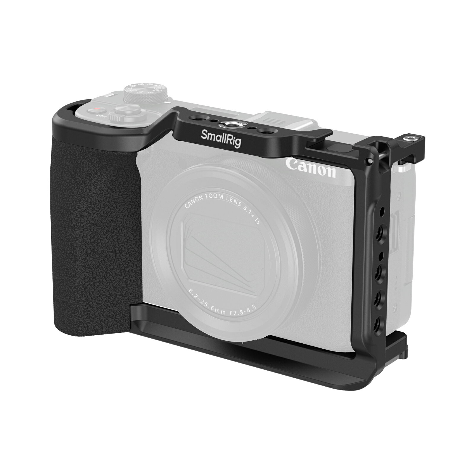 全方位の保護と抜群の拡張性。シリコンハンドル＆アルカスイスプレート内蔵ケージ。 Canon PowerShot V1専用に設計されたオールインワンのフルカバーケージ。 2点ロックシステム＆内蔵シリコンパッドでカメラを強固に固定し、傷やブレを防止。 人間工学に基づいたシリコンハンドルとアルカスイス互換プレートを搭載し、手持ち撮影から三脚・ジンバルへのスムーズな移行を実現します。 ■ POINT 01：確実な固定と360°カメラ保護設計 底部と側面の位置決めブロックによる「2点ロックシステム」を採用し、カメラのたわみやズレを防止。 内部には保護用シリコンパッドを備え、大切な機材をキズから守りつつ、すべてのボタンやバッテリー・メモリーカードスロットへ快適にアクセスできます。 ■ POINT 02：グリップ力向上 ＆ アルカスイス一発着脱 人間工学に基づいたシリコン製ハンドルにより、長時間の撮影でも快適で安定したホールド感を提供。 ケージ底部にはアルカスイスクイックリリースプレートが内蔵されており、対応する三脚やDJI RSシリーズジンバルへ即座にセッティング可能です。 ■ POINT 03：豊富なマウントによるオールインワン拡張 1/4インチ-20ネジ穴、ARRI 3/8インチ-16位置決め穴、コールドシューマウント、ストラップスロットを多数配置。 マイク、LEDライト、トップハンドル、ショルダーストラップなどを自由に組み合わせ、理想のVlog・動画撮影スタイルを構築できます。 ■ 商品仕様（スペック） メーカー / 型番 SmallRig（スモールリグ） / SR5807 (5807) 商品名 Canon PowerShot V1用 ケージ 対応機種 Canon PowerShot V1 ベース互換性 アルカスイス（Arca-Swiss）クイックリリース対応 / DJI RSシリーズジンバル対応 主要材質 アルミニウム合金、シリコン 製品寸法・重量 132.9 × 85.5 × 55.5 mm / 重量：137.0 ± 5.0 g パッケージ寸法・重量 156.0 × 70.0 × 91.0 mm / 重量：201.6 ± 5.0 g 同梱内容 ケージ ×1（※磁気レンチ、3/8インチ-1/4インチネジ変換アダプター付属）