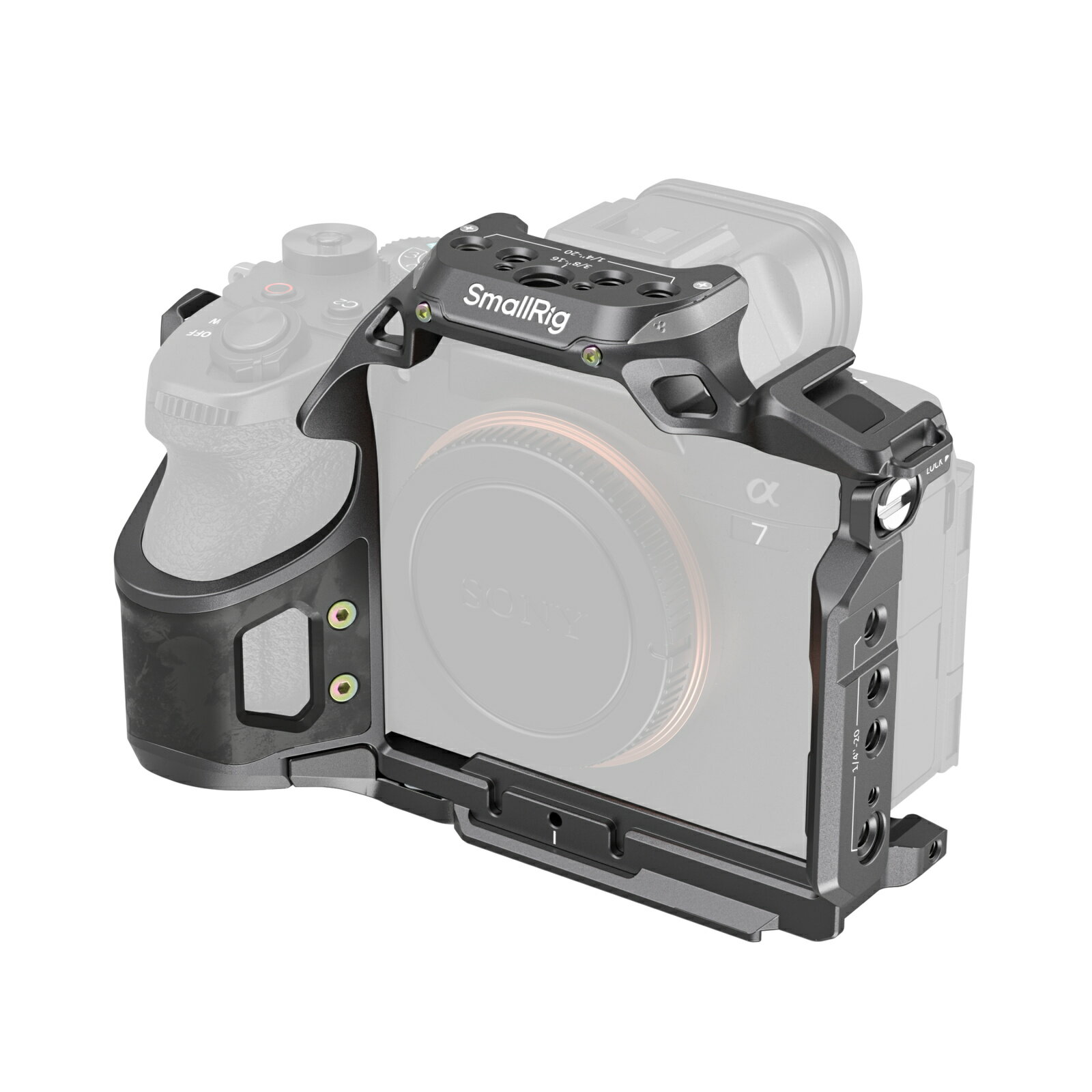 安全な3点ロック システム。元のアイレット トライアングルを取り外すことなく、安定した、たわみのないカメラの取り付けを保証します。主な特長・安全な3点ロック システム：元のアイレット トライアングルを取り外すことなく、安定した、たわみのないカメラの取り付けを保証します。・手持ち撮影に最適な超軽量：アルミ合金キットに比べて20％軽量化され、負担のない手持ち撮影やローアングル撮影を実現します。・包括的な拡張エコシステム：多数の1/4インチ - 20および3/8インチ - 16 スレッド、ARRI 位置決め穴、NATO レール、コールドシュー、QD ソケットを装備し、多用途のリギングが可能です。・洗練されたフルアクセス設計：精密に機械加工されており、すべてのカメラコントロール、ポート、バッテリーコンパートメントに完全にアクセスできるため、操作が妨げられることはありません。・統合されたArca-Swiss プレート：ハンドヘルド、三脚、DJI RS シリーズ ジンバル間の素早い切り替えが可能になり、ワークフローの移行を効率化します。注記：1. HDMIケーブルクランプを取り付ける前に、カメラのHDMIポートカバーを開きます。2. HDMI ケーブル クランプは、Sony Alpha 7R V カメラで使用すると同期端子のインターフェースに干渉します。互換性α7 V、α7R V、α7 IV、α7R IV、α7S III●製品寸法：149.9×71.2×107.9mm/5.9×2.8×4.2インチ●パッケージ寸法：180.0×129.5×75.0mm/7.1×5.1×3.0インチ●製品重量：180.0±5.0g/6.3±0.2オンス●パッケージ重量：269.0±5.0g/9.5±0.2オンス●材質：アルミニウム合金、カーボンファイバー、ステンレススチール、シリコン