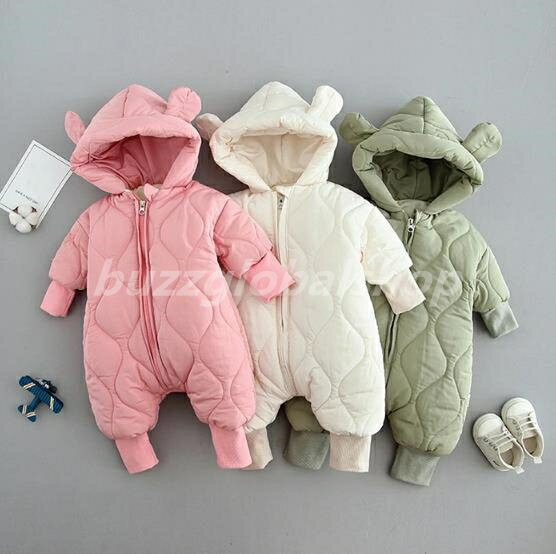 ベビー服 ジャンプスーツ 雪遊び フード付き 耳付き くま カバーオール ロンパース ベビー キッズ 子供服 ダウンコート 防寒 軽量 男の子 女の子 ファスナー ジャケット 中綿 防寒着 長袖 オールインワン 暖かい あったか 柔らかい 66cm 73cm 80cm 90cm 新生児