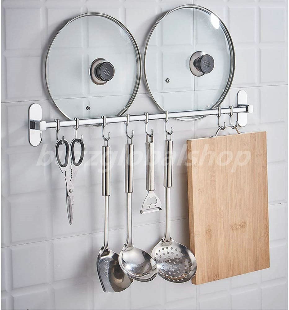 キッチンツールフック 壁掛け式 フック 50cm / 59.5cm 強力固定 7個フック付き ステンレス キッチン 収納 ラック お風呂 シャワーラック タオルハンガー 防水 多機能 キッチンツール 収納棚 台所ラック 省スペース
