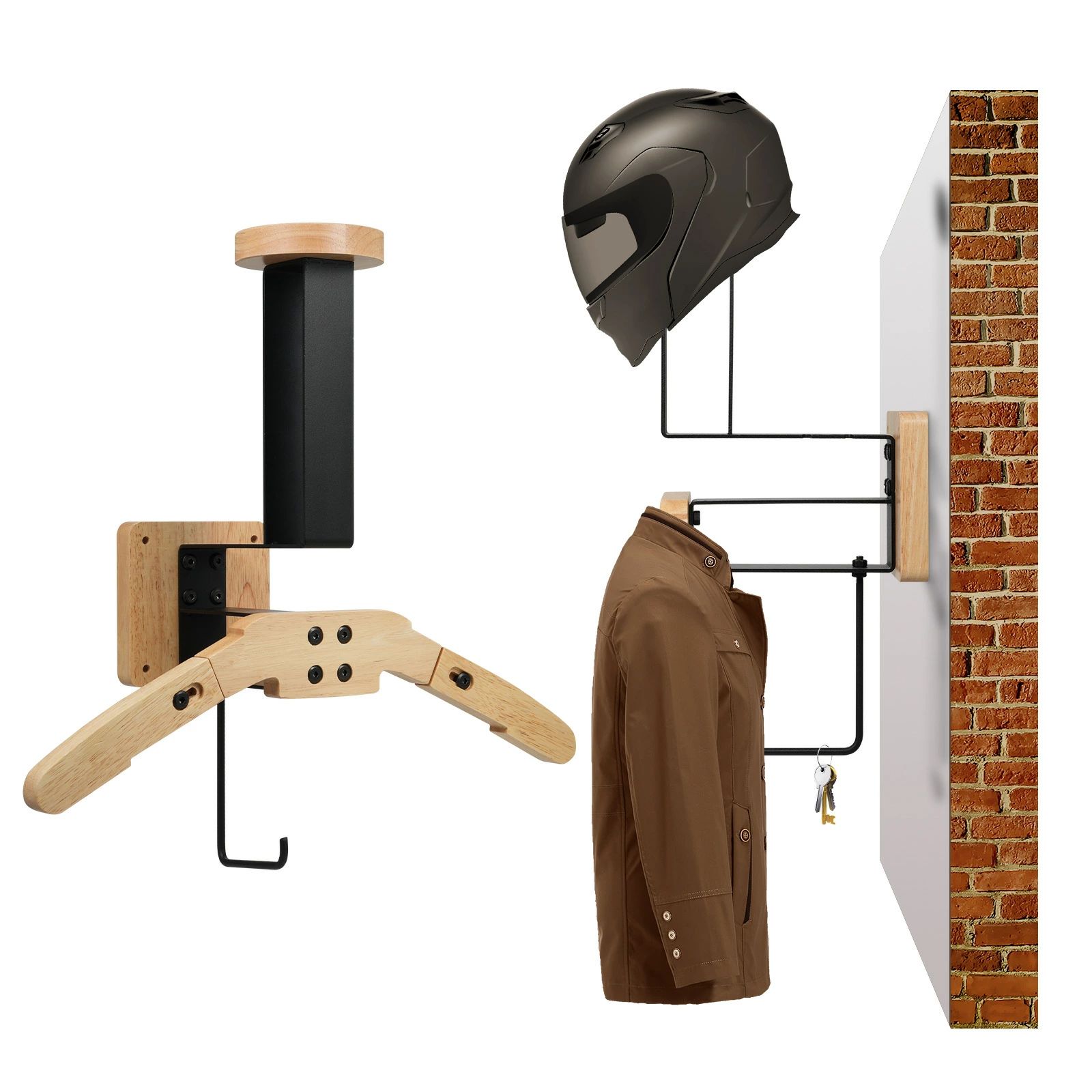 オートバイヘルメットスタンド ホルダー ヘルメット収納掛けフック おしゃれ ジャケットホルダー オートバイ用ヘルメットラック木製壁掛け 多機能省スペース ジャケットハンガー 簡単取り付けギアラック ハンガーラック 玄関収納