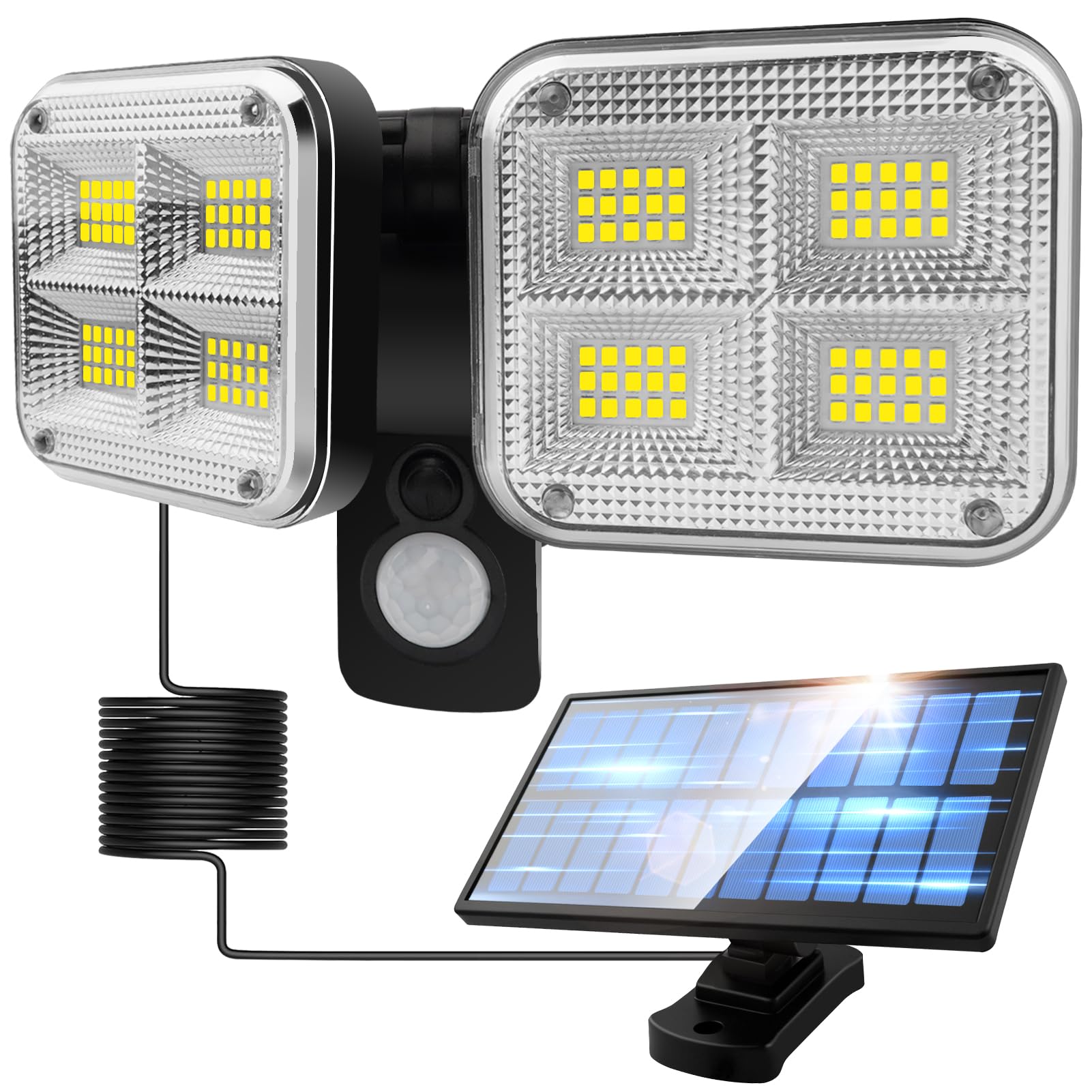 -【本体ABS樹脂と弊社特有の蒸着加工処理！】本体には耐久性や強度、衝撃吸収性に優れており、あらゆる悪天候に耐えることができるABS樹脂を使用します。-本体表面には弊社特有の薄い膜を付着させる成膜技術で表面シルバー蒸着加工処理をしています。-樹脂製品に蒸着を施すことにより、強度を高めることができるほか、装飾性や光の吸収、反射、透過などの光学特性や、撥水性、防カビ等の機能性などがあります。-【最大25％の発電効率を誇るETFEラミネートソーラーパネル】太陽光パネルは単一のシリコンの塊から作られる単結晶シリコンを使用します。-結晶構造が均一で、これにより電気の流れがスムーズになり、劣化が少なく、長期間にわたり安定して高い発電効率を維持できます。-耐久性に優れた素材ETFEラミネートを採用し、防塵・防水（IP68）性能も高いし、雨/雪/砂塵が多い場所や、湿度の高い地域でも問題なく使えます。-1.発電量1.8W：発電量の多い方は、日照が少ない曇りの日や、朝夕の弱い光でも効果的に発電でき、充電時間も短縮できます（最大充満時間4-6時間）。-2.大容量電池2400mAh：満電最大照明時間は8-10時間、点灯回数に替えば約400回点灯できます。-3.昼光色6000k超高輝度3000ルーメンのLEDチップを搭載します（照明範囲は最大20畳）。-4.高感度の人感+光感PIR動体検知センサーを搭載します（感知範囲は最大12.5畳）。-【分離型の設置方法】連結設置：5mの高品質ケーブル付きで、取り付け簡単。付属のネジでソーラーランプを壁に取り付け、ソーラーパネルを日当たりの良い場所に取り付けます。理想的な取り付け高さは約2.5mです。-【フリーアーム式 圧倒的な自由度】各パネルは上下左右に自由に回転可能で、必要な方向だけに光を調整できる柔軟な設計です。-【ご注意】商品の品質には万全を期しておりますが、ご利用の際何かご不明な点がございましたら、お気軽に「販売元」-「質問する」の手順でクリックしてお問い合わせ下さい。- 人や車が頻繁に通り過ぎる場所に設置しないでください。そうしないと、ライトの性能に負荷や損失が生じ、点灯し続けたり点滅したりする可能性があります。- 該当商品は夜間や暗い環境で動きを検知した時のみ点灯します。製品の周囲が他の照明器具がある場合では点灯しません。メーカー希望小売価格はメーカーサイトに基づいて掲載しています商品の説明 信頼できる品質。選ばれる理由。- それがBst Jyobです。 Bst Jyobは、「最良（Best）」を意味する「Bst」と、「丈夫（丈夫）」を意味する「Jyob」から生まれたブランド名です。 私たちは、「より良く、より丈夫に」という信念のもと、日々の暮らしに快適さをもたらす高品質な製品をお届けしています。 太陽の力で照らすソーラー壁掛けライトをはじめ、Bst Jyobは環境に優しく、耐久性に優れた屋外製品を展開しています。 雨風に強く、長く使える。そんな「丈夫さ」と「使いやすさ」を追求した商品づくりを続けてまいります。 雨/雪/砂塵が多い場所や、湿度の高い地域でも使えます 日照が少ない曇りの日や、朝夕の弱い光でも発電できます 昼光色約6000kの超高輝度LEDチップを搭載 高感度の光感+PIR動体検知センサーを搭載 5mの高品質ケーブル付き、取り付けが簡単です ご注意：2頭型はリモコンが付きません。 本体にモード調整スイッチがあり、押して点灯モードを切り替えます。 表面に薄い膜を付着させる成膜技術でシルバー蒸着加工処理をしています 強度を高めることができるほか、装飾性や光の吸収、反射、透過などの光学特性や、撥水性/防カビ等の機能性などがあります。 付属のネジでランプを壁に取り付け、ソーラーパネルを日当たりの良い場所に取り付けます 各パネルは上下左右に自由に回転可能で、必要な方向だけに光を調整できる柔軟な設計です 【ご注意】商品の品質には万全を期しておりますが、ご利用の際何かご不明な点がございましたら、お気軽に「販売元」-「質問する」の手順でクリックしてお問い合わせ下さい。 届いた製品の初期設定方法： まず、本体の電源スイッチをONにしなければならない。そして、本体にあるボタンを押して照明モードの調整が可能です。ご購入頂いた状態は充電が不十分です。晴天の日に約8時間以上充電した後、使用してください。光感センサーはソーラーパネルにセットし、昼では点灯しません。動作確認する場合は、ソーラーパネルを覆って遮光してください。 ソーラーパネルのジャックを本体に設置し、電源をONにしたら一瞬だけ点灯する原因： 光感センサーはソーラーパネルと一緒にセットしております。ソーラーパネルと接続すると光感センサーが昼だと判断したから消灯いたしました。 真昼でも点灯する/点灯したまま消灯しない原因： 光感センサーはソーラーパネルと一緒にセットしており、ソーラーパネルと接続していない場合は光感感知できませんので電源スイッチをONにしたら点灯するままです。検知エリア内および周囲に誤動作源がある(例)他の照明器具、洗濯物、犬や猫、植木、エアコン吹き出しロガス給湯器、強い無線ノイズ、車の熱やヘッドライトなど。 ご注意：2頭型はリモコンが付きません。 ご注意：2頭型はリモコンが付きません。