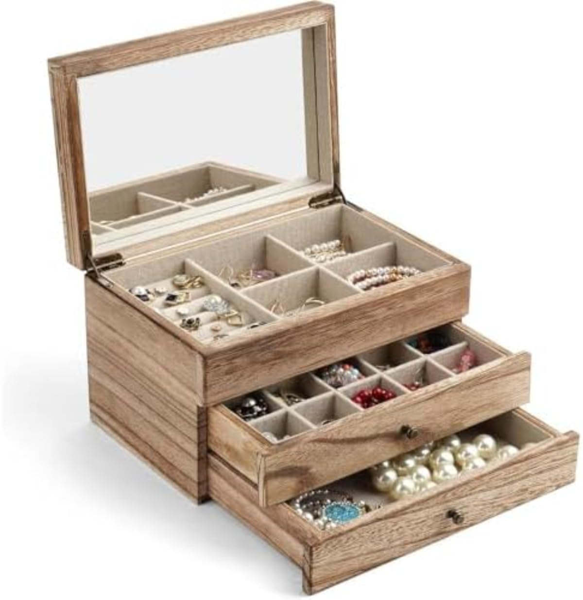 女性用ジュエリーボックスオーガナイザー 2/3層大型ジュエリー収納ケース 素朴な木製ジュエリーボック..