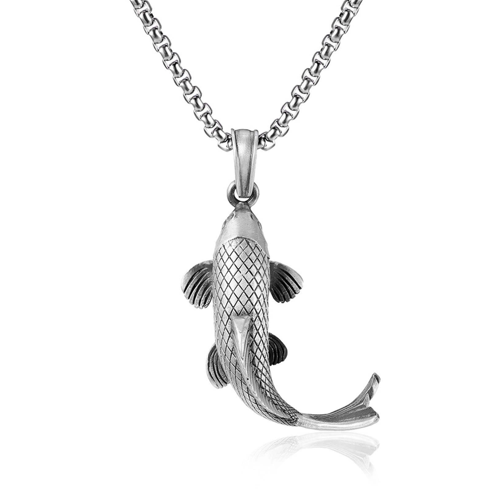 メンズ鯉魚ペンダントネックレス、ゴシックヴィンテージラッキーお守り鯉魚純錫ペンダント シルバー 70..