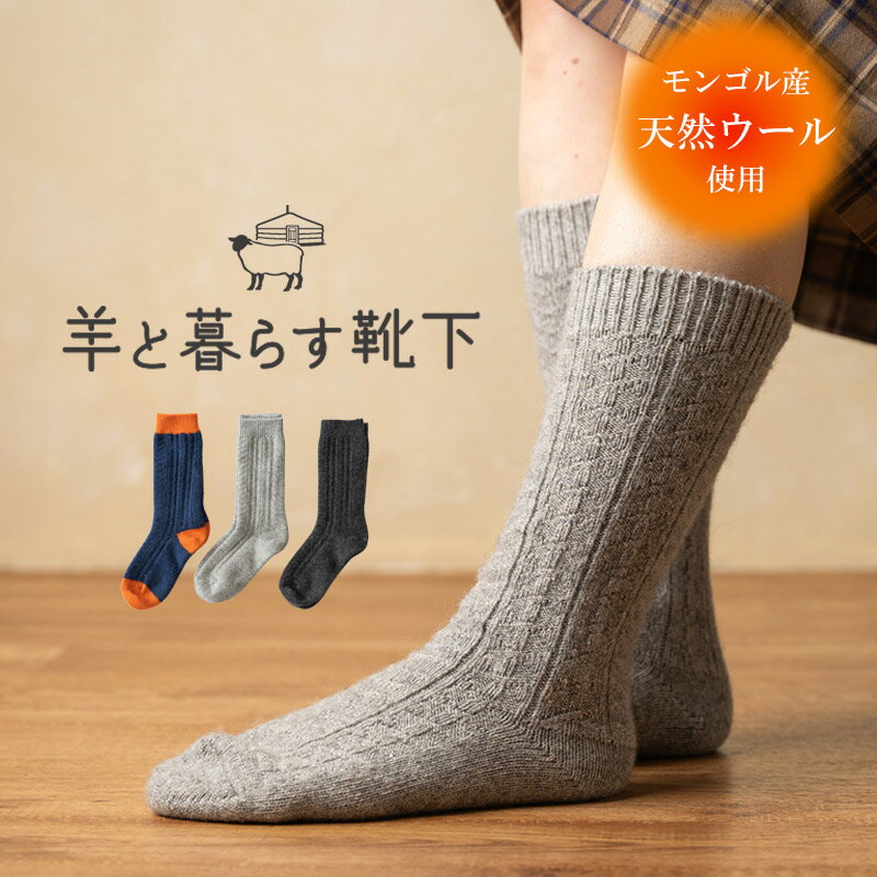 羊と暮らす靴下 編み模様 薄手クルー丈 ソックス モンゴルウール 靴下 ひざ下丈 網模様 モンゴル産 ウール ウールソックス 冷え取り ソックス 防寒 防臭 くつ下 あったかい 冷え性 冷え取り靴下 モンゴル靴下 保温性 抗菌作用 蒸れない 足先あったか ルームソックスのサムネイル