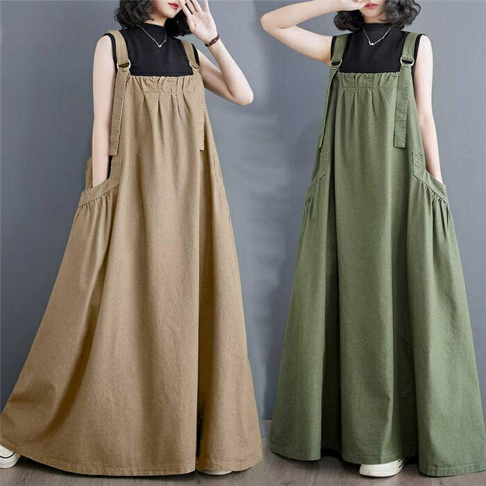 ジャンパースカート 大人 ロング ワンピース 黒 春 夏 秋 綿麻混 サロペット スカート サロペット ワンピース レディース サロペットスカート オールインワン aライン フレア ゆったり 大きいサイズ オーバーオール 体型カバー ポケット 無地 春秋 40代 30代 ブラック