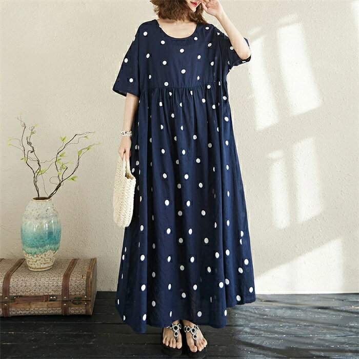 ワンピース レディース 半袖 綿麻調 ロング ワンピース ドット柄 水玉柄 春 夏 フレアワンピース クルーネック 大きいサイズ ミモレ丈 ゆったり ワンピ 柔らか キレイめ カジュアル 大人 可愛い 体型カバー ゆるシルエット エレガント ガーリー 森ガール 送料無料