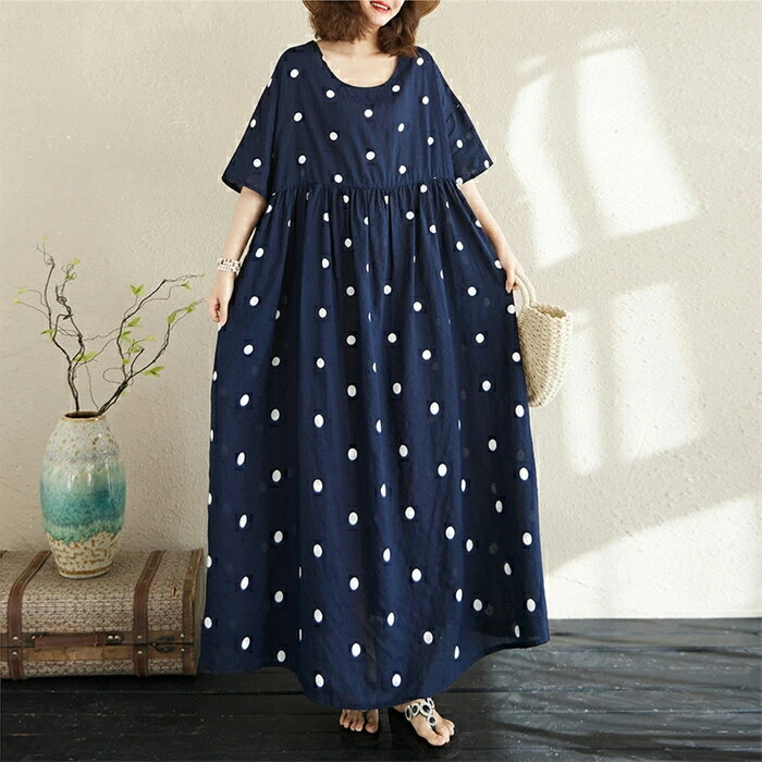 ワンピース レディース 半袖 綿麻調 ロング ワンピース ドット柄 水玉柄 春 夏 フレアワンピース クルーネック 大きいサイズ ミモレ丈 ゆったり ワンピ 柔らか キレイめ カジュアル 大人 可愛い 体型カバー ゆるシルエット エレガント ガーリー 森ガール 送料無料