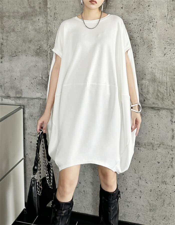 Tシャツ ワンピース カットソー 涼しい トップス レディース ロング ティーシャツ オーバーサイズ ビック チュニック ドルマン コクーン 体型カバー 半袖 無地 大きいサイズ ゆったり カジュアル ビッグシルエット ドロップショルダー お尻が隠れる 白 ブラック 春 夏