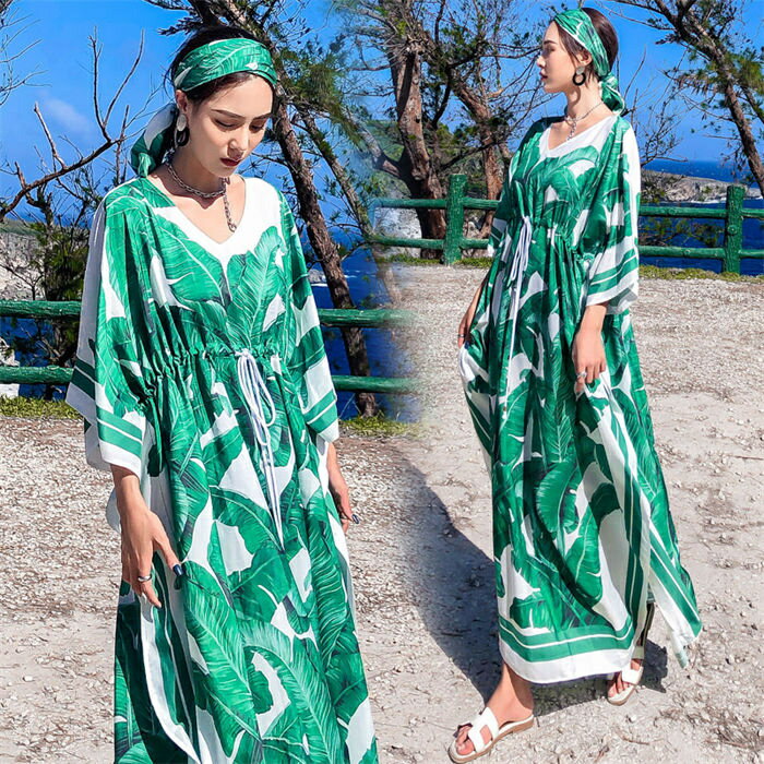 リゾートワンピース レディース 海 夏 ロング ワンピース 花柄 涼しい 夏ワンピース ロングワンピ マキシワンピ サマー マキシ丈 ロング丈 フレア ゆるっワンピ サンドレス サマードレス 長袖 七分袖 二つの腕カバー カジュアル ゆったり 花柄 植物柄 大きいサイズ