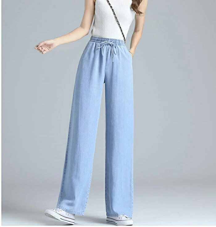 ワイドパンツ 接触冷感 薄手 涼しい レディース ボトム デニム パンツ ワイド ガウチョ ガチョウパンツ ズボン ロング ロング パンツ マキシ丈 ウエストゴム 長ズボン 美脚 ハイウエスト 体型カバー カジュアル 大人 20代 30代 40代 50代 ブルー S M L XL 2XL 3XL