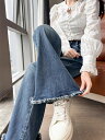 ベルボトム フレアパンツ デニム パンツ フリル裾 ボトムス レディース ワイドパンツ 秋 冬 ハイウエスト 股上深め ガウチョパンツ ボトムス パンツ 美シルエット ロング パンツ ゆったり 長ズボン 無地 シンプル 美脚パンツ 脚長効果 細見え 体型カバー 着痩せ 送料無料