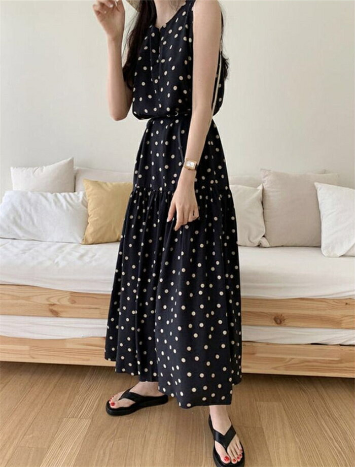 ノースリーブワンピース ワンピース レディース 夏 ドット柄 ノースリーブ ロングワンピース ロング丈 ワンピース Aライン 大きいサイズ ワンピ 水玉柄 フレア 袖なし 無袖 お洒落 きれいめ ゆったり 体型カバー 着痩せ 可愛い カジュアル オフィス OL 大人 リラックス
