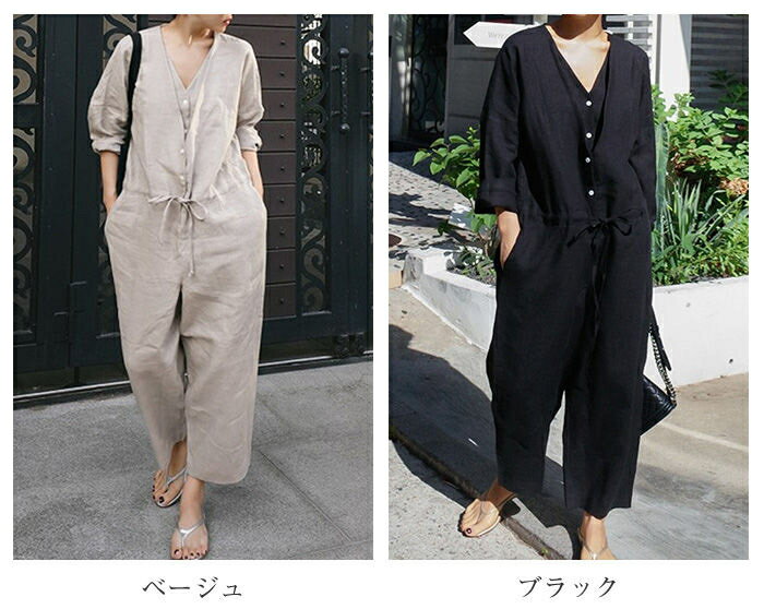 オールインワン レディース サロペット 九分丈 春 夏 ゆったり パンツドレス つなぎ オーバーオール 綿麻 パンツ ワイドパンツ ワイド クルーネック ポケット 無地 コットン 涼しい 体型カバー 楽ちん リラックス 通勤 通学 普段着 デート 30代 40代送料無料