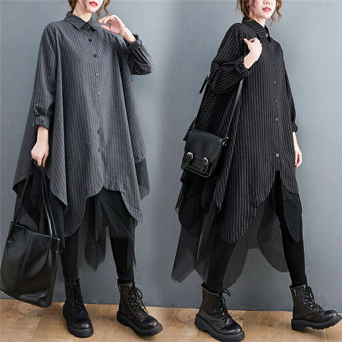 ワンピース 長袖 秋冬 レディース シャツ ロングシャツ シャツワンピース ロングワンピース ロング丈 ロング 折り襟 フレア チュール切り替え アシンメトリー ゆったり ストライプ 体型カバー レイヤード風 着痩せ おしゃれ シンプル カジュアル 可愛い 送料無料