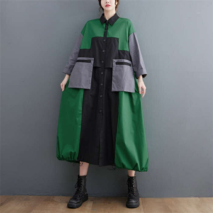 シャツワンピース レディース ワンピース 長袖 ワンピ ロングワンピース 切り替えワンピース 折り襟 配色ロングシャツ ゆったり 前開き コート トップス 大きいサイズ 無地 春秋冬 おしゃれ 送料無料