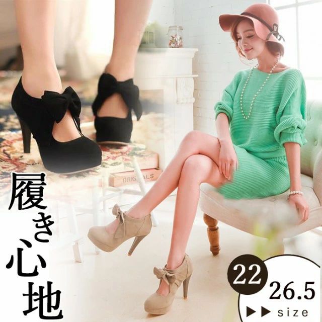女鞋 - 楽チン 痛くない 10cmヒール リボン 走れる パンプス 歩きやすい