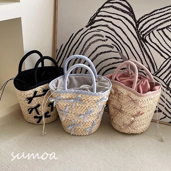 りぼん　ラタン　かごバック　ストローバック　パール　ショルダー　かご　手編み　トートバック　バス..