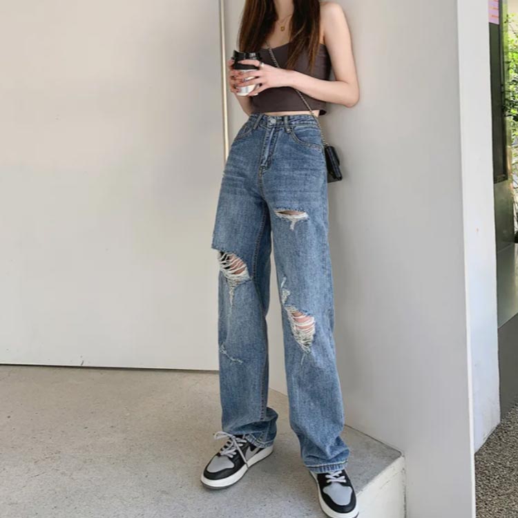 デニムパンツ ダメージ ジーンズ レディース ワイドパンツ ストレートパンツ ハイウエスト ボトムス ジーパン ジーンズ ロングパンツ ゆったり ワイド ズボン 大きいサイズ 体型カバー カジュアル 大人 春 夏 秋 冬 韓国 韓国ファッション 送料無料 — vista 2
